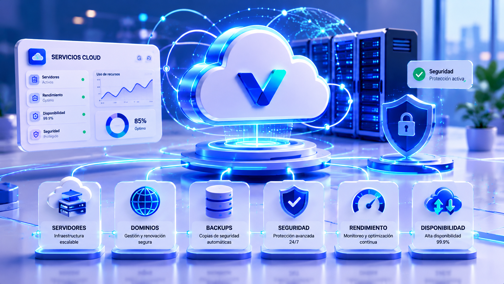 Servicios cloud administrados con monitoreo, seguridad, respaldos y alta disponibilidad.