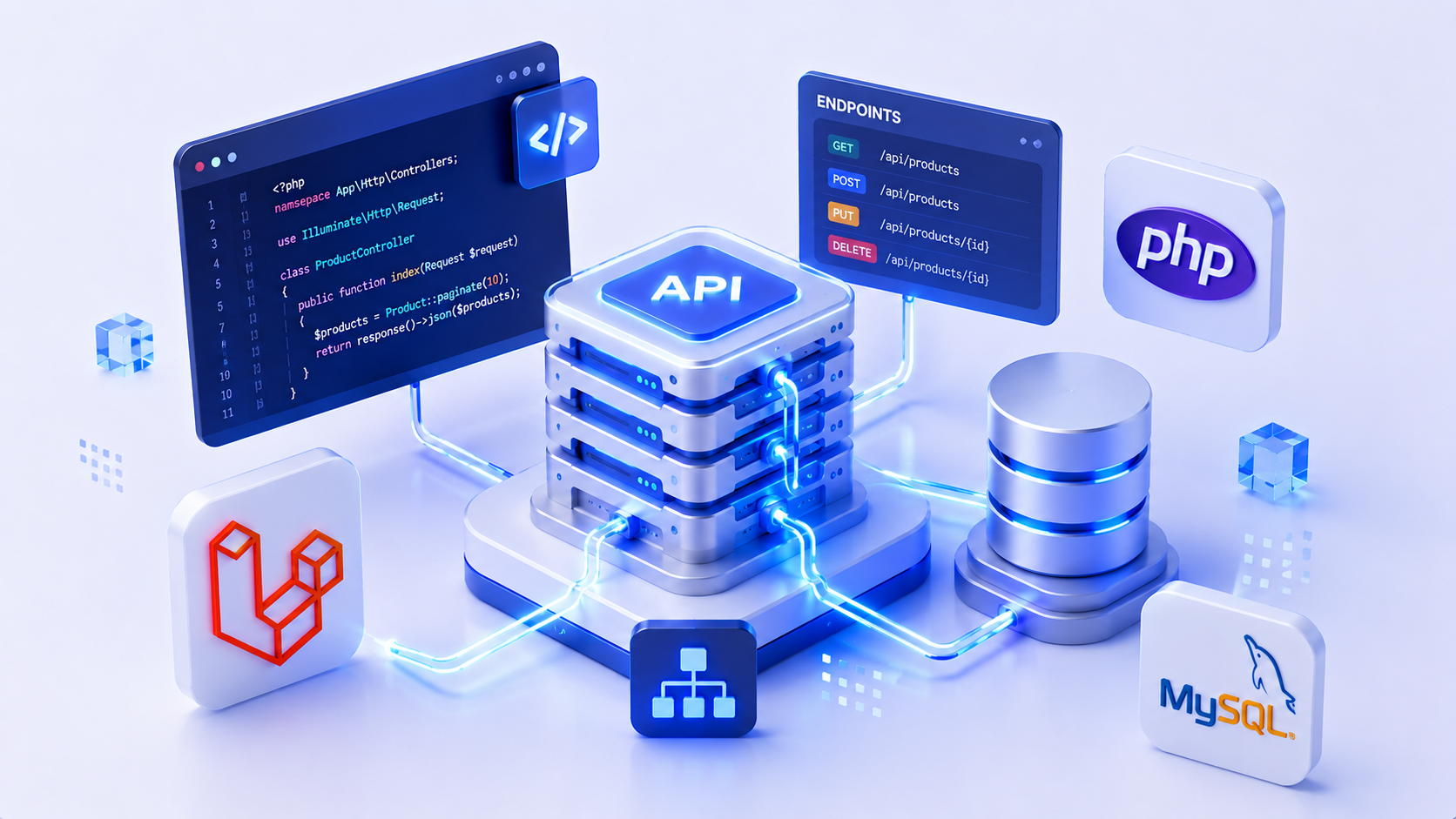 Arquitectura moderna de desarrollo web basada en Laravel, PHP, APIs y bases de datos MySQL.