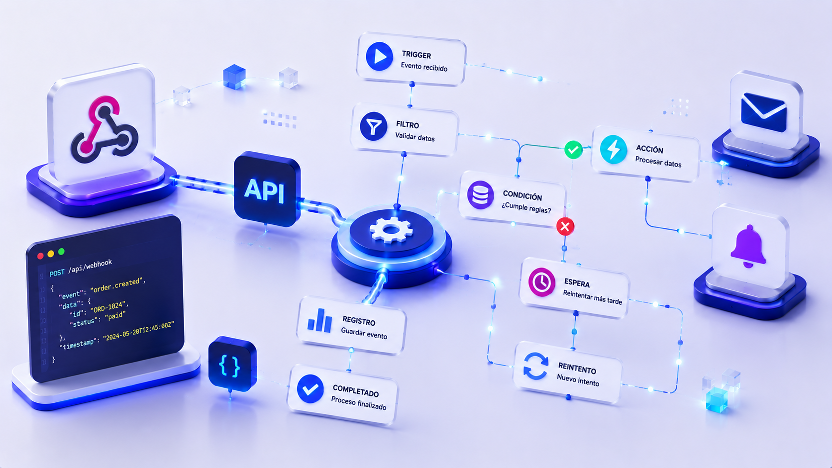 Automatización basada en APIs, webhooks y flujos de trabajo conectados.