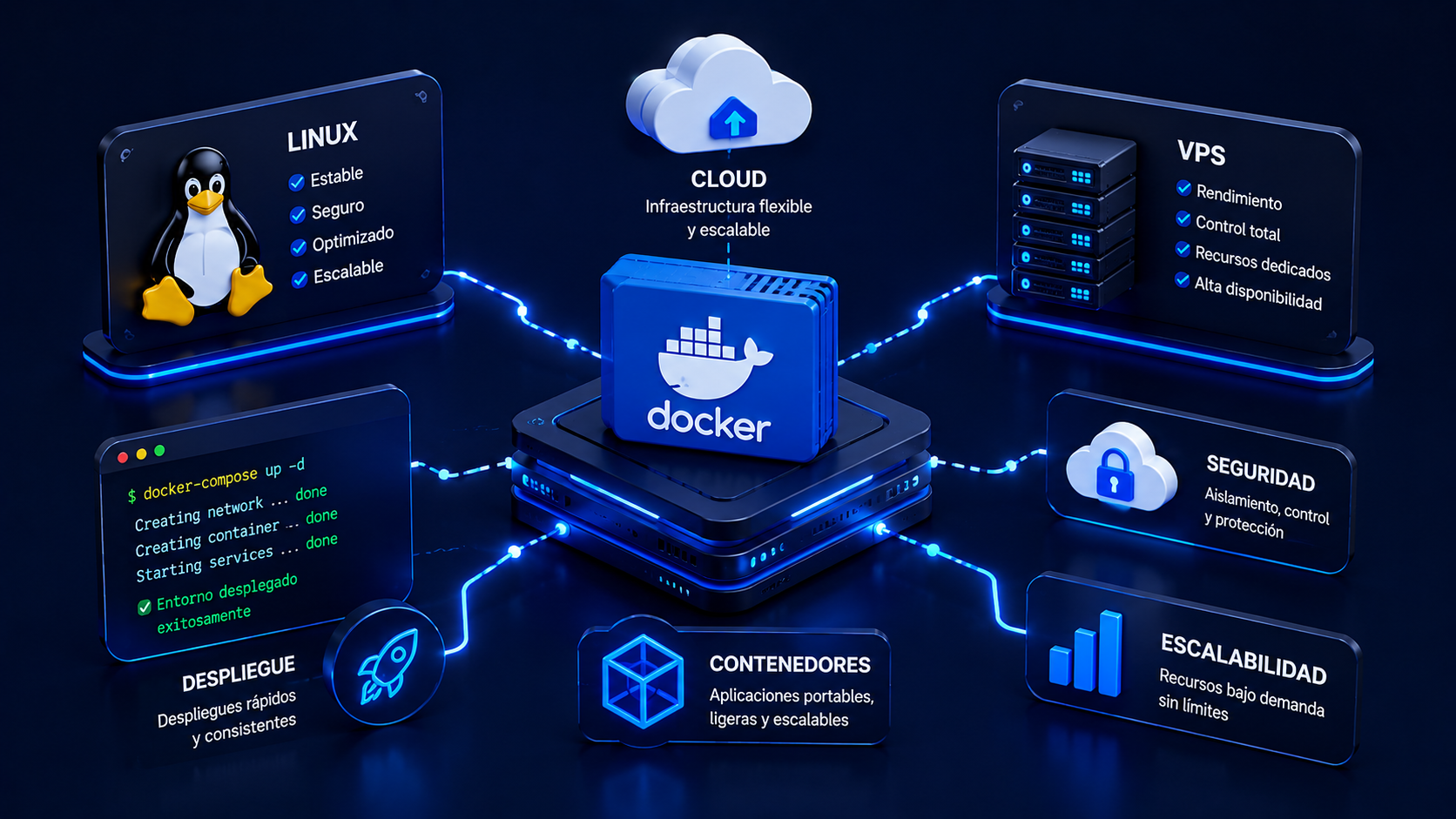 Infraestructura cloud moderna basada en Linux, Docker y servidores virtuales.