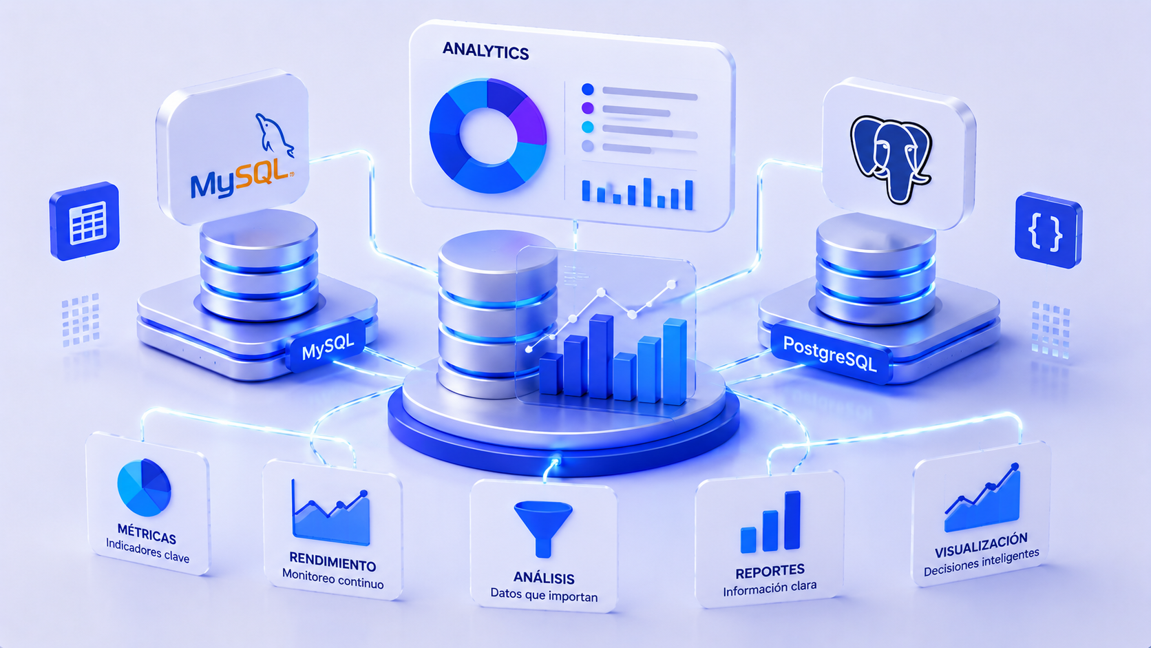 Bases de datos y herramientas de análisis para visualización e inteligencia de negocio.