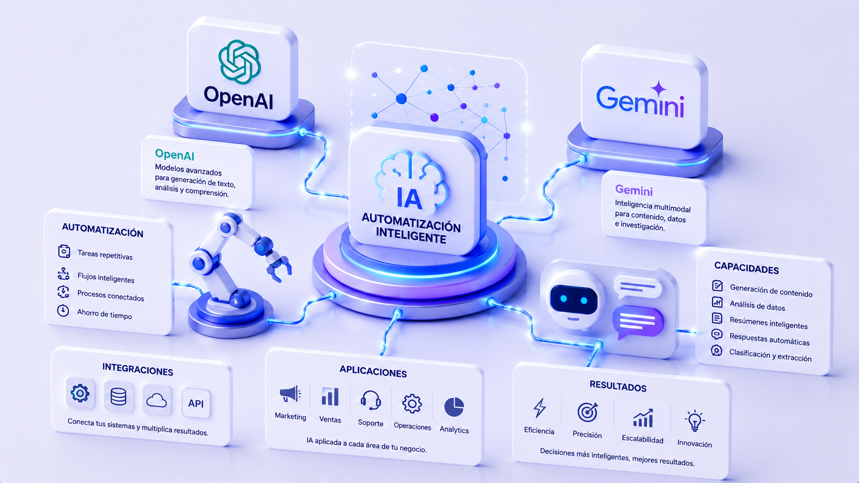 Inteligencia artificial aplicada a automatización, análisis de información y asistentes empresariales.